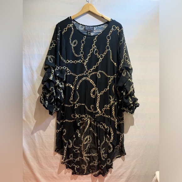 Frank Lyman Black Sheer Chain link Design Print Blouse Long back button up US14 - Picture 6 of 13